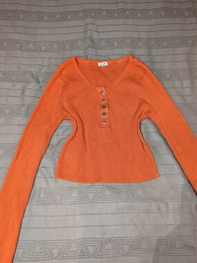 Garage Ribbed Henley Long Sleeve Top - Orange